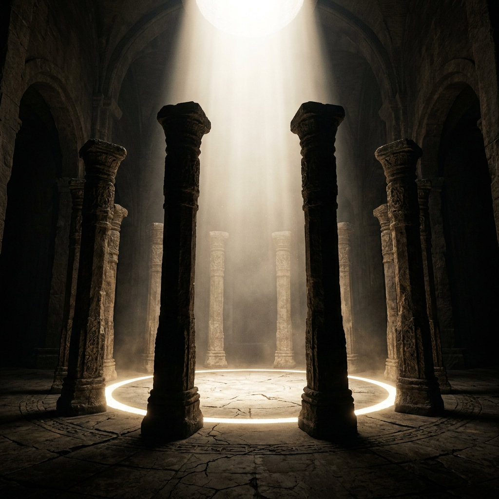 Ancient stone pillars arranged in a circle with light shining through an opening above