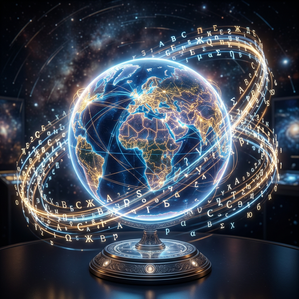 Digital globe of Earth with illuminated country borders and swirling streams of glowing letters and symbols